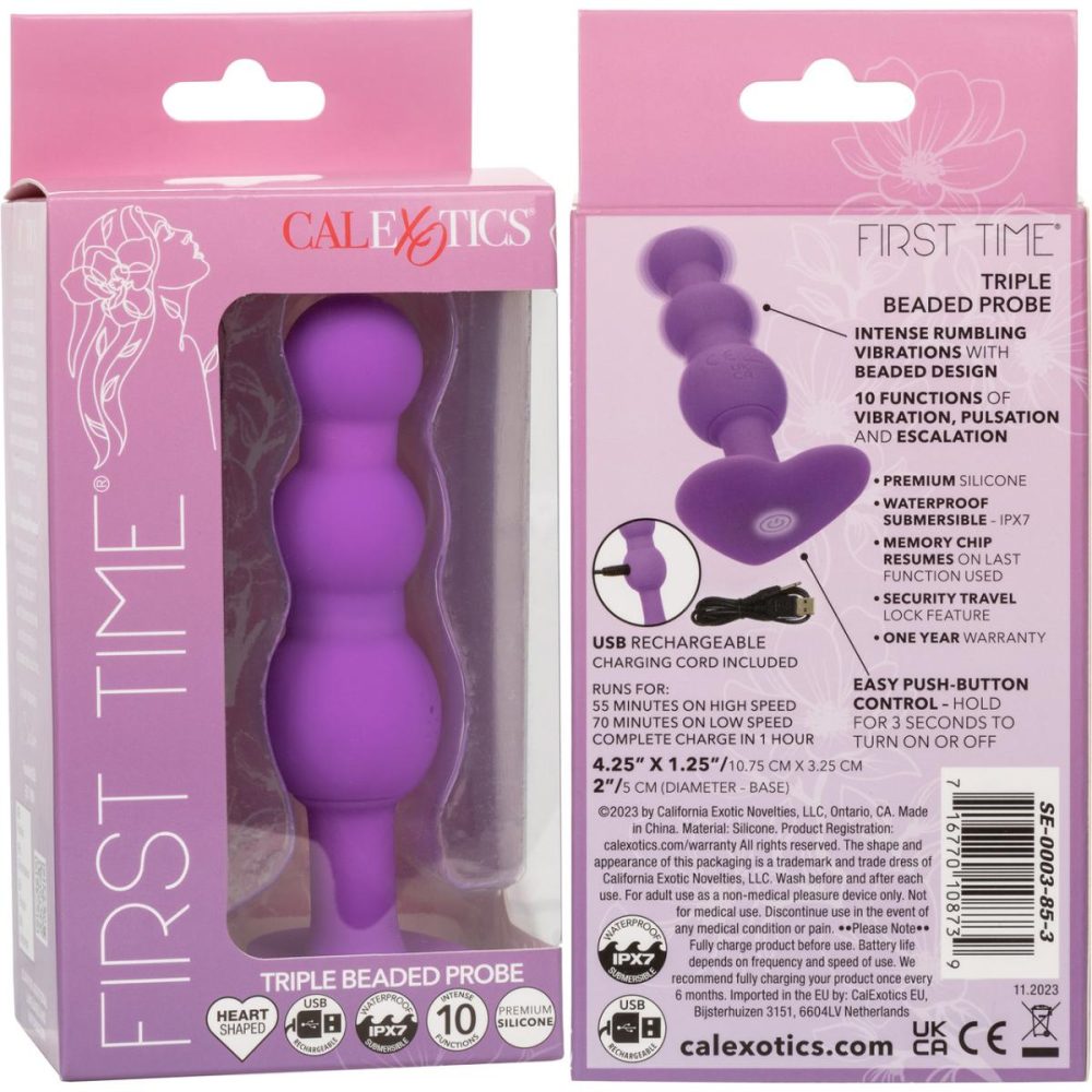 Anal Beads | First Time Triple Beaded Probe Rechargeable Silicone Vibrating Butt Plug – Purple