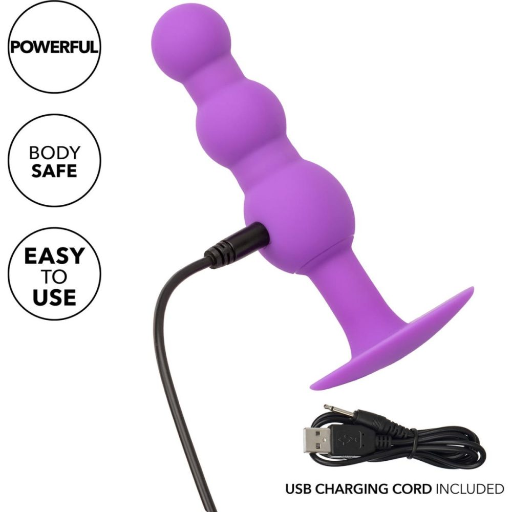 Anal Beads | First Time Triple Beaded Probe Rechargeable Silicone Vibrating Butt Plug – Purple