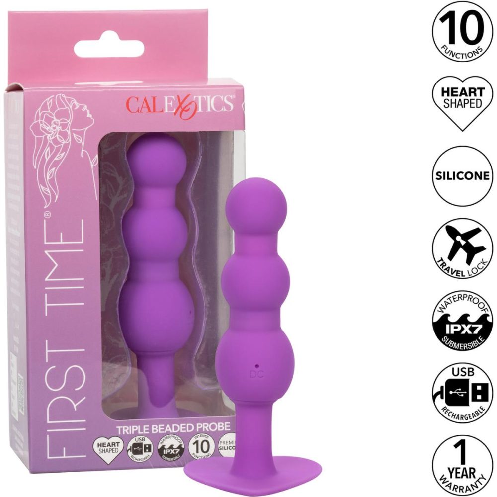 Anal Beads | First Time Triple Beaded Probe Rechargeable Silicone Vibrating Butt Plug – Purple