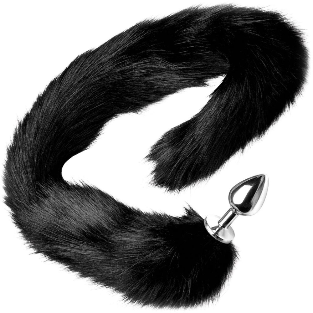 Anal Plugs With Tails | Aluminum Anal Plug With Extra Long Black Faux Mink Tail