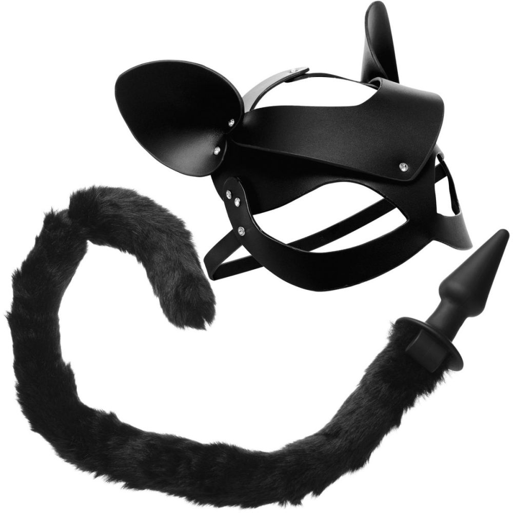 Anal Plugs With Tails | Black Silicone Anal Plug With Black Faux Fur Cat Tail & Matching Cat Mask