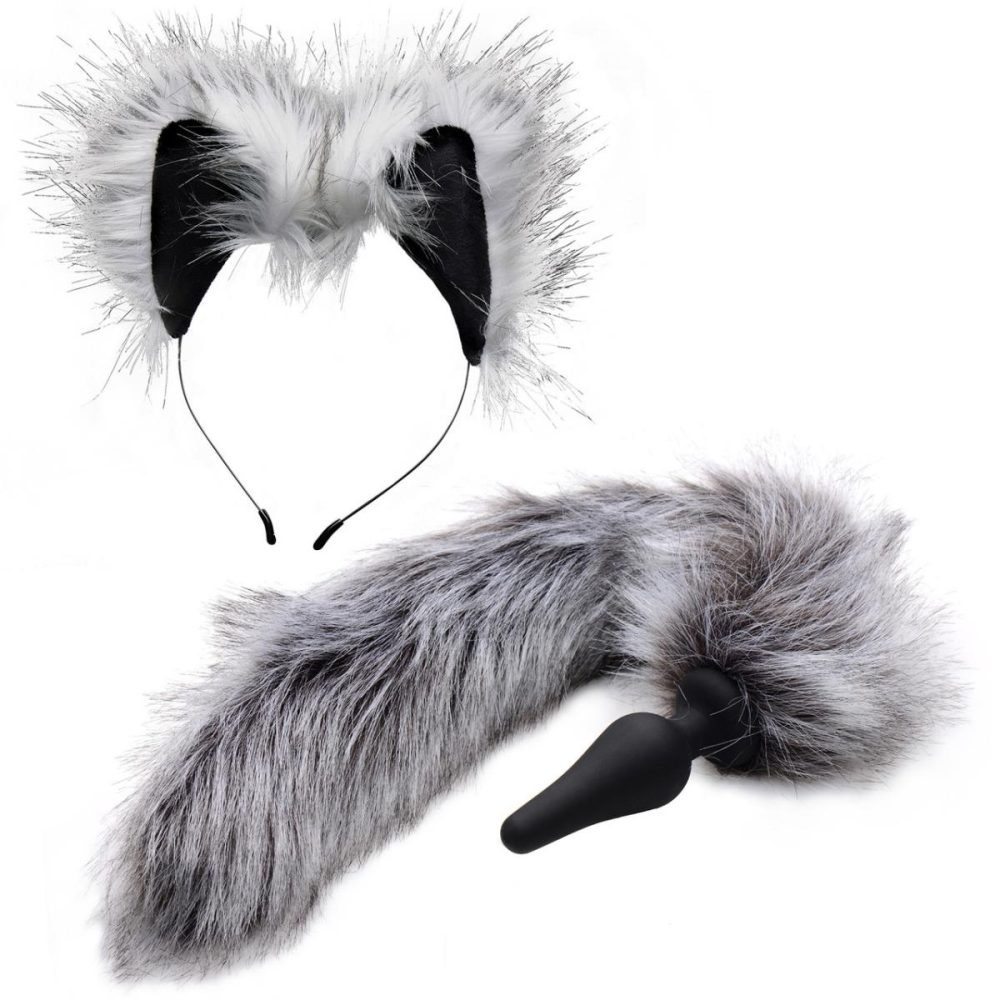 Anal Plugs With Tails | Black Silicone Anal Plug With Grey Wolf Faux Fur Tail & Matching Ears