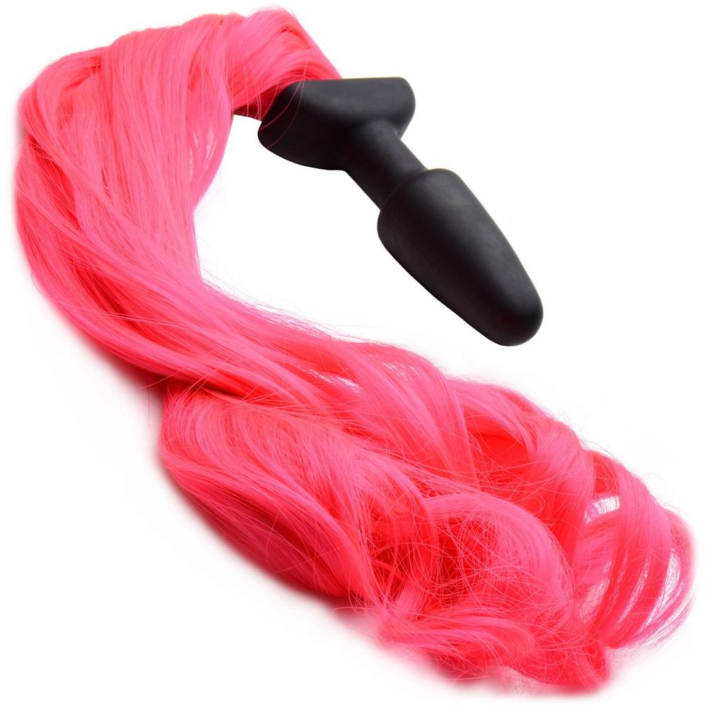 Anal Plugs With Tails | Black Silicone Anal Plug With Hot Pink Pony Faux Fur Tail