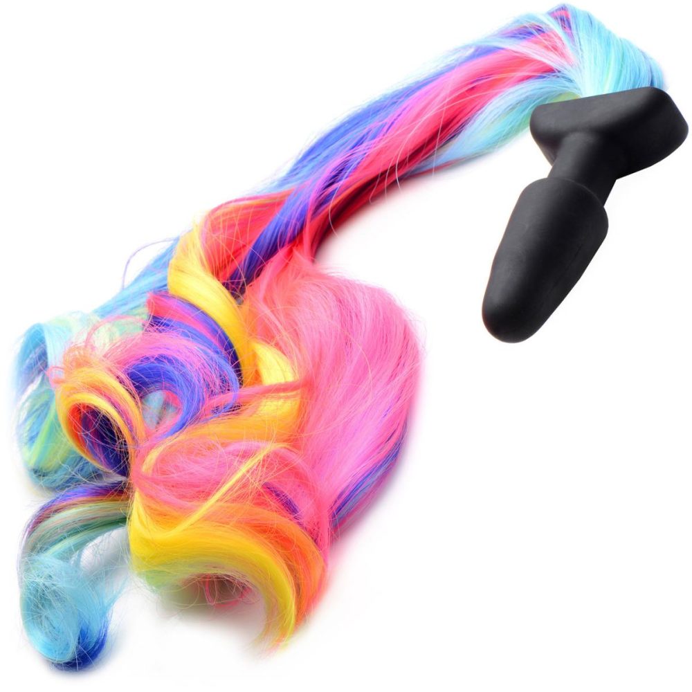 Anal Plugs With Tails | Black Silicone Anal Plug With Rainbow Pony Faux Fur Tail