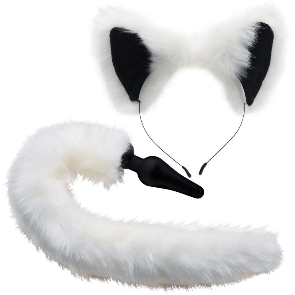 Anal Plugs With Tails | Black Silicone Anal Plug With White Fox Faux Fur Tail & Matching Ears