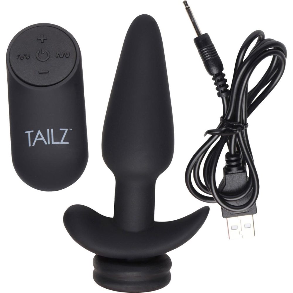 Anal Plugs With Tails | Black Vibrating Silicone Anal Plug With Remote & 3 Interchangeable Snap-On Tails