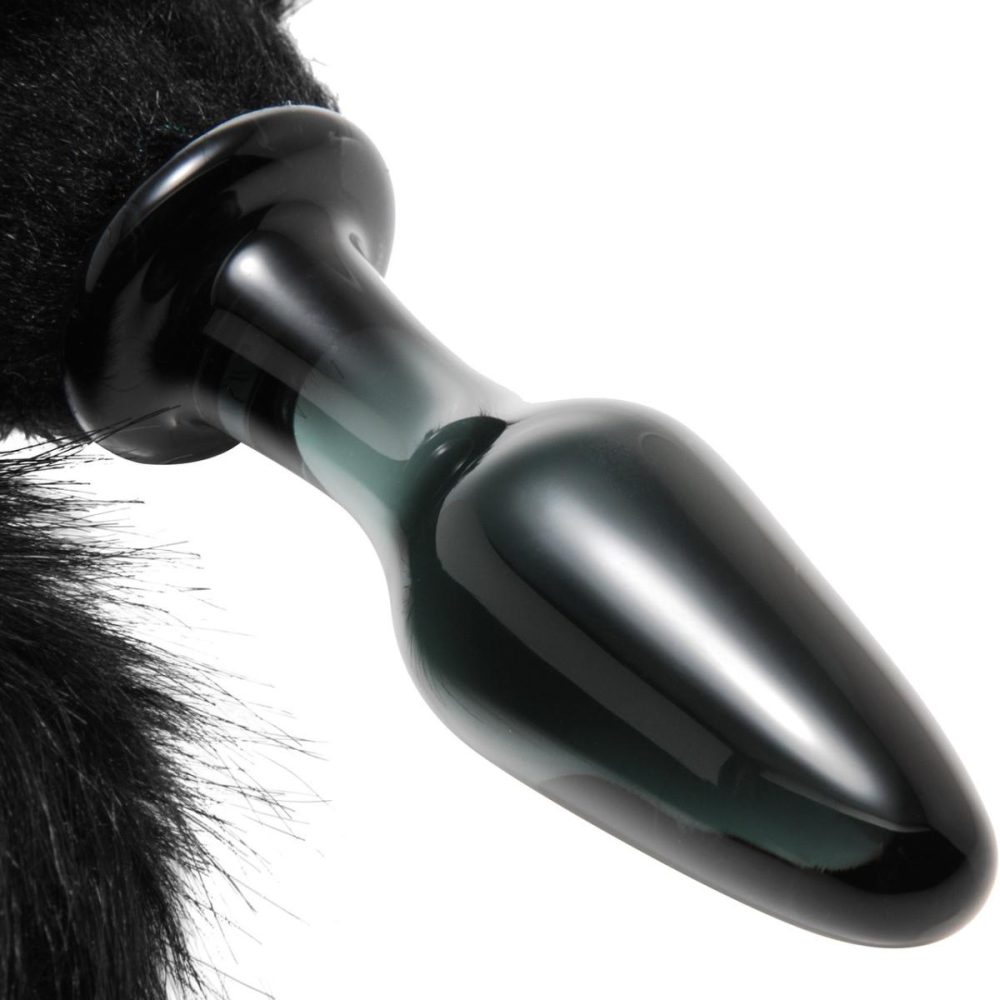 Anal Plugs With Tails | Midnight Fox Black Glass Anal Plug With Faux Fox Tail