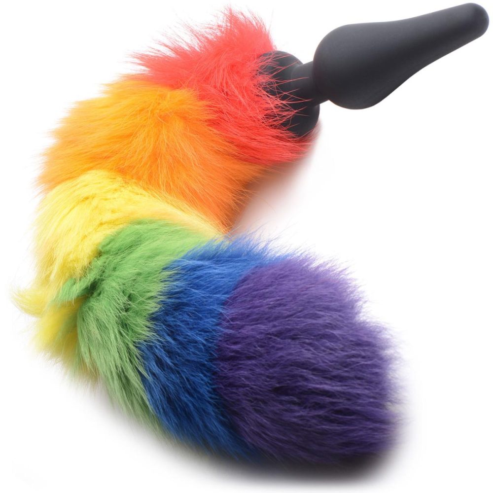 Anal Plugs With Tails | Rainbow Black Silicone Anal Plug With Rainbow Faux Fur Tail