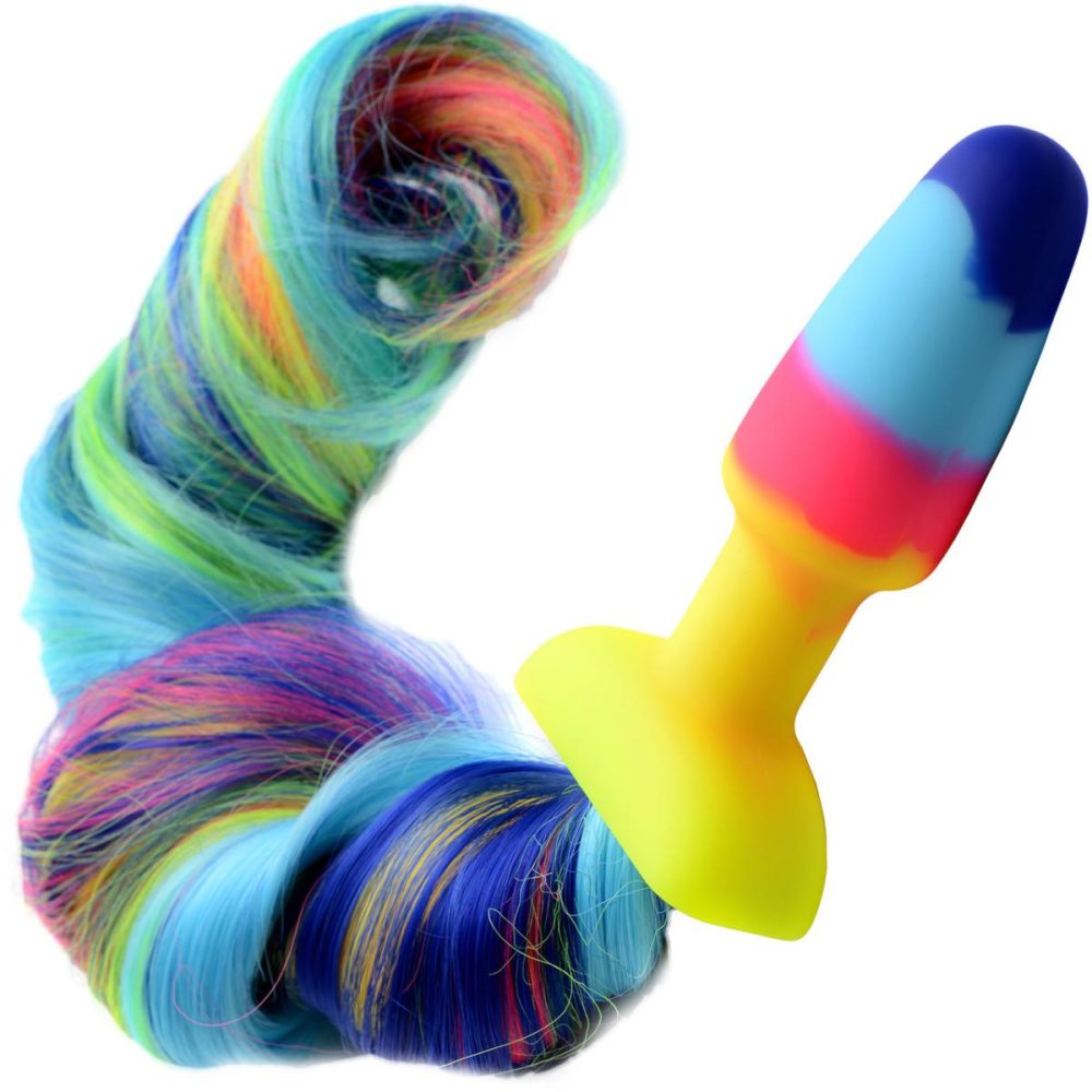 Anal Plugs With Tails | Rainbow Silicone Anal Plug With Unicorn Faux Fur Tail