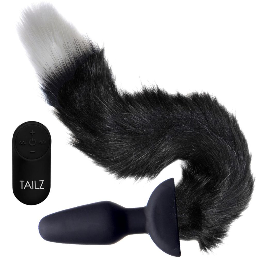 Anal Plugs With Tails | Waggerz Vibrating & Wagging Silicone Anal Plug With Black & White Faux Fur Tail & Remote