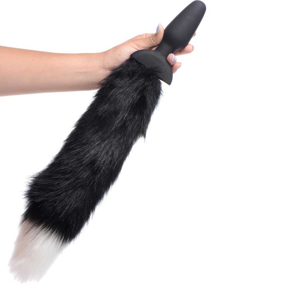 Anal Plugs With Tails | Waggerz Vibrating & Wagging Silicone Anal Plug With Black & White Faux Fur Tail & Remote