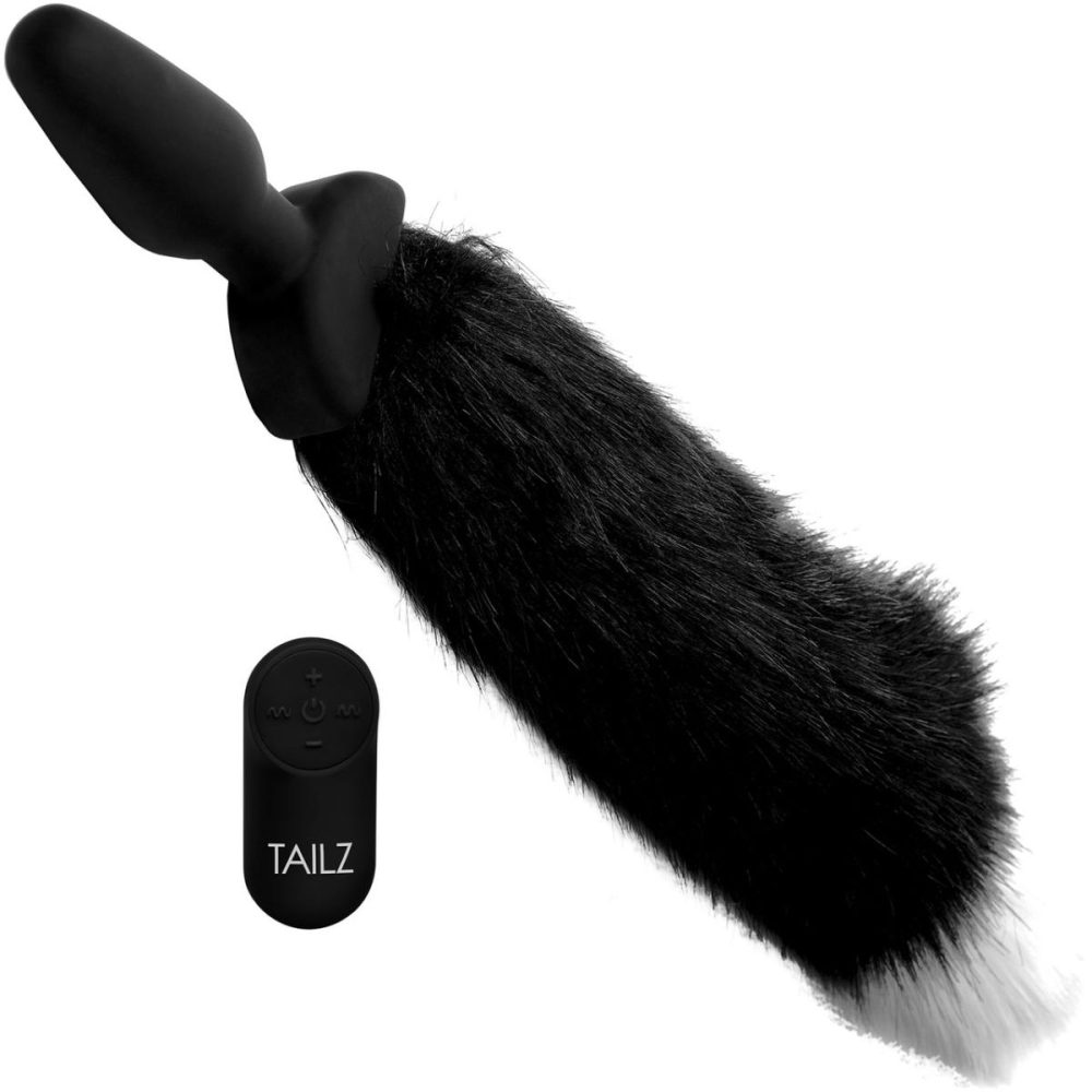 Anal Plugs With Tails | Waggerz Vibrating & Wagging Silicone Anal Plug With Black & White Faux Fur Tail & Remote