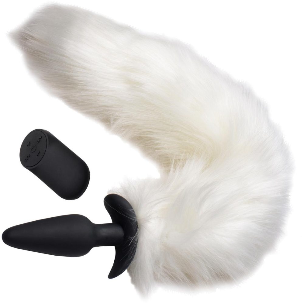 Anal Plugs With Tails | White Fox Vibrating Slender Silicone Anal Plug With White Faux Fur Tail & Remote