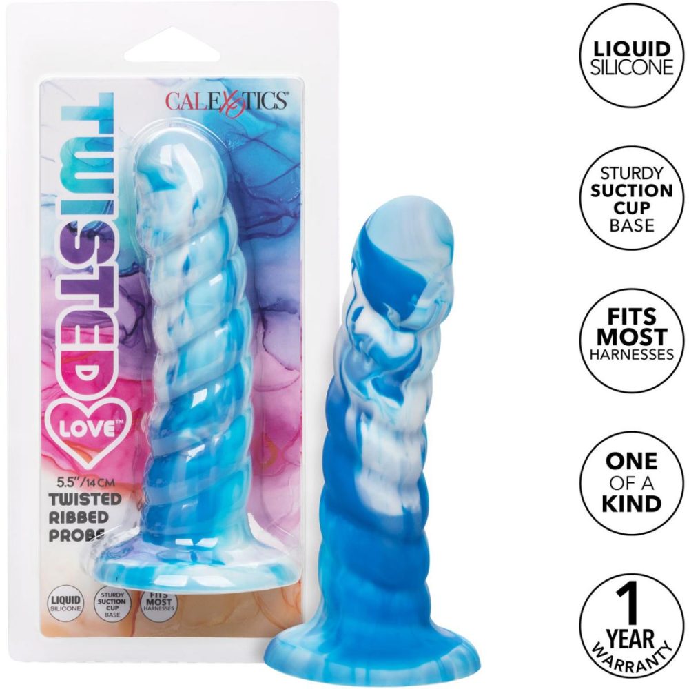 Butt Plugs & Probes | Twisted Love Twisted Ribbed Probe 5.5" Silicone Suction Cup Dildo – Blue & White