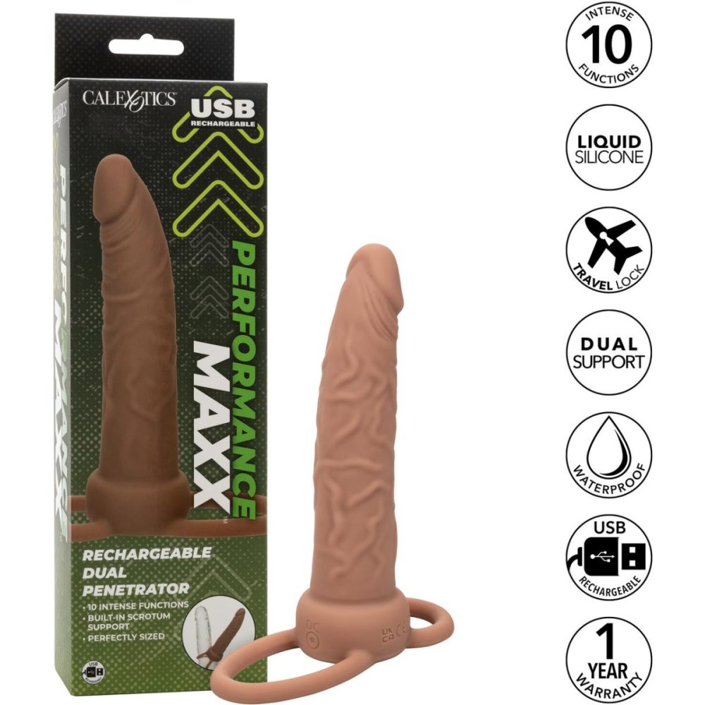 Extensions & Girth Enhancers | Performance Maxx Rechargeable Vibrating 5.5" Silicone Dual Penetrator – Chocolate