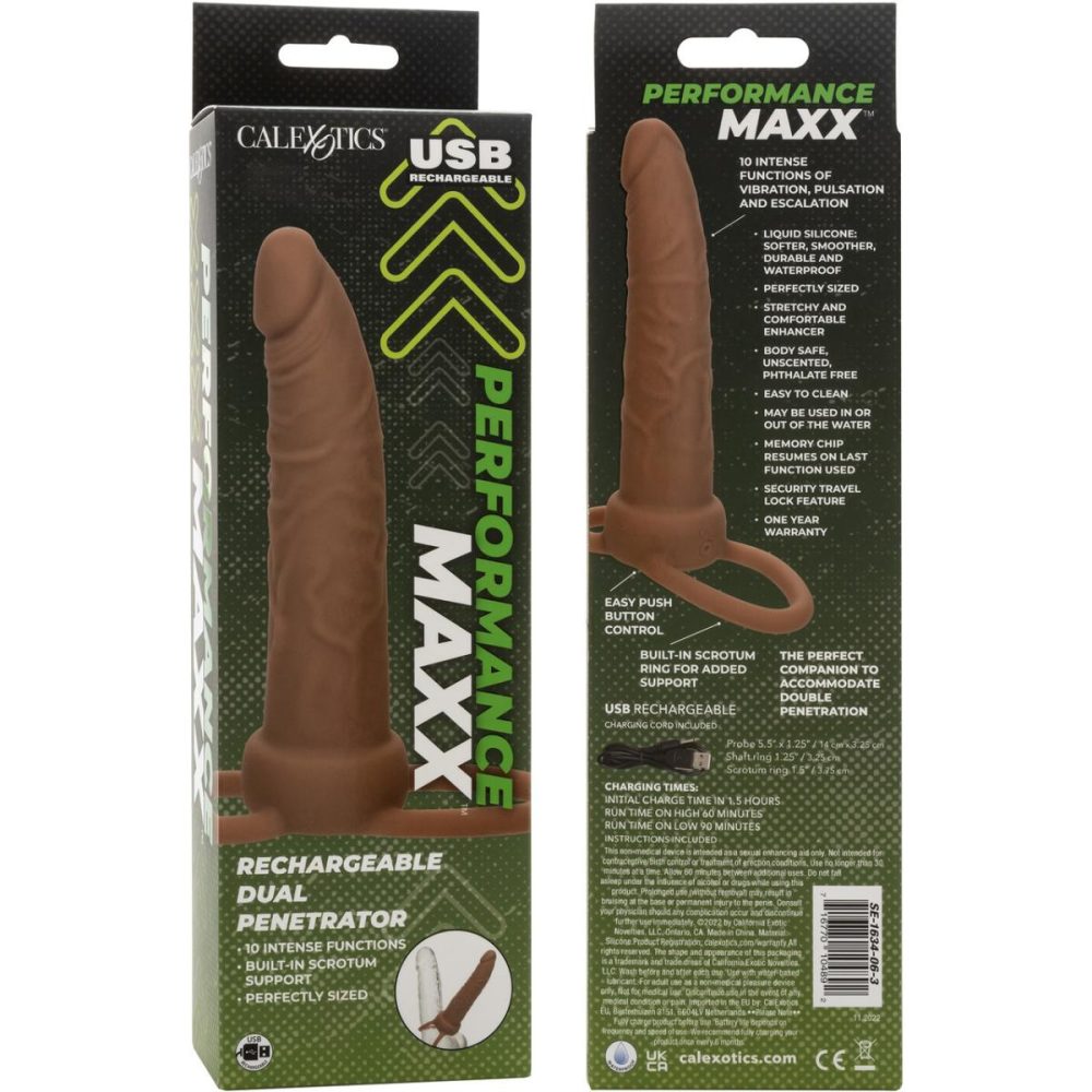 Extensions & Girth Enhancers | Performance Maxx Rechargeable Vibrating 5.5" Silicone Dual Penetrator – Chocolate