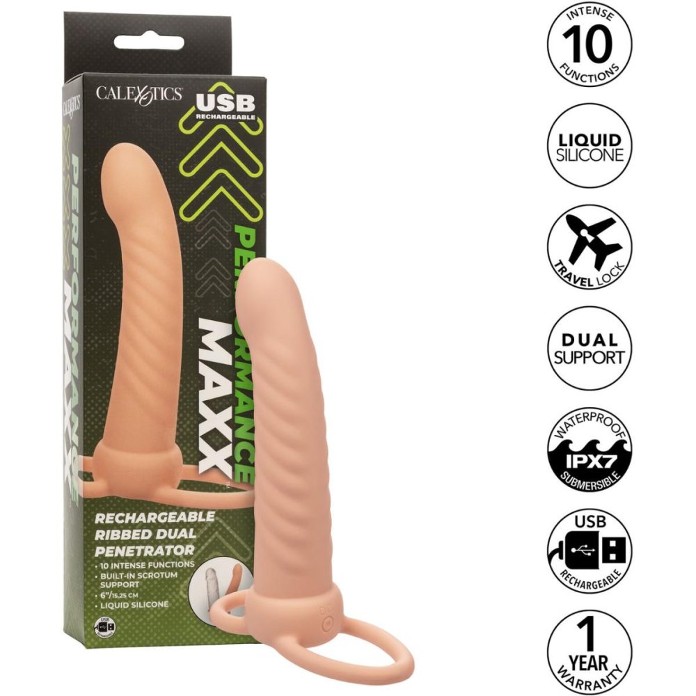 Extensions & Girth Enhancers | Performance Maxx Rechargeable Ribbed Vibrating 6" Silicone Dual Penetrator – Vanilla