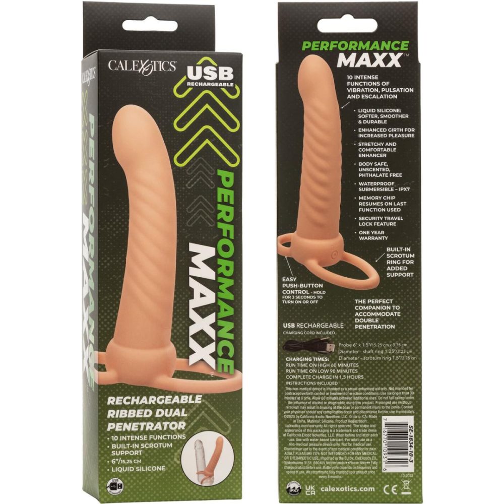 Extensions & Girth Enhancers | Performance Maxx Rechargeable Ribbed Vibrating 6" Silicone Dual Penetrator – Vanilla