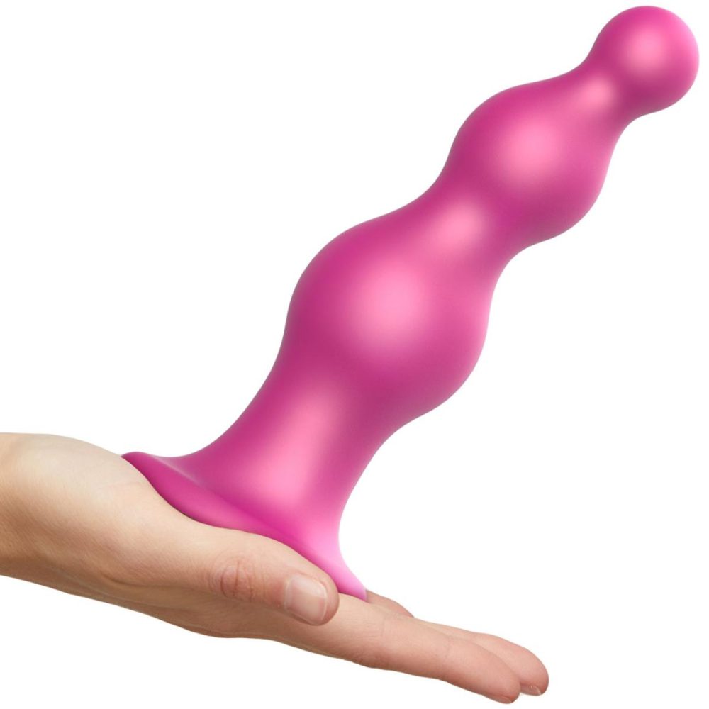 G-Spot Dildos | Strap-on-Me Hybrid Collection Beads Silicone Suction Cup Dildo – S Metallic Raspberry Pink