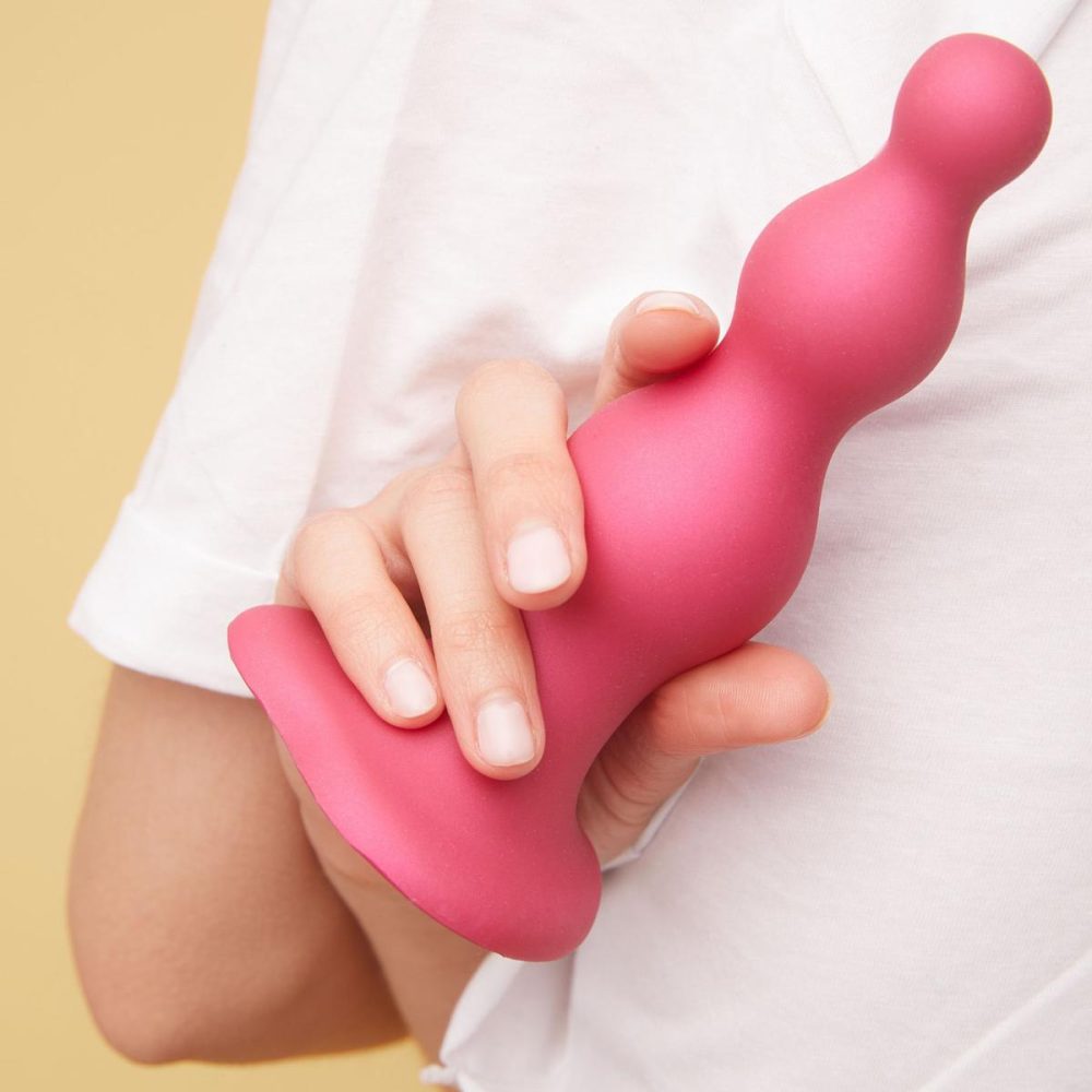 G-Spot Dildos | Strap-on-Me Hybrid Collection Beads Silicone Suction Cup Dildo – S Metallic Raspberry Pink