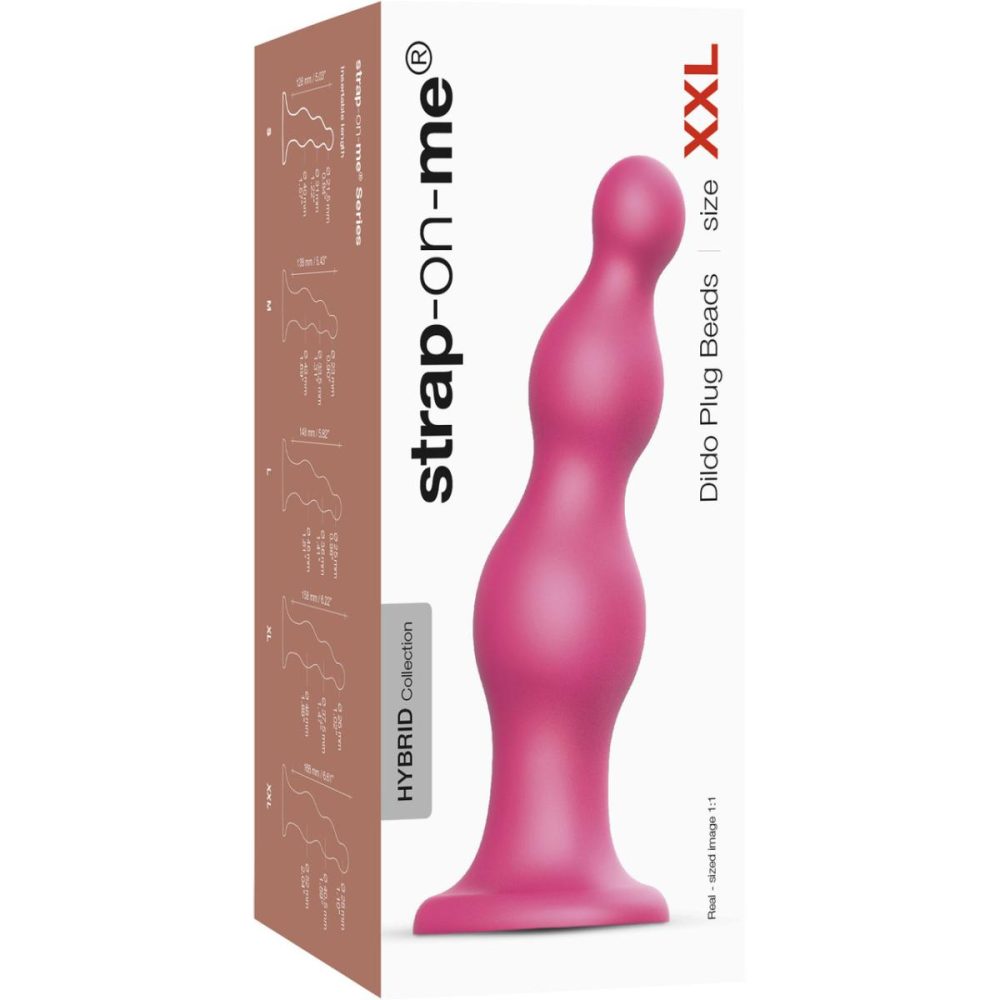 G-Spot Dildos | Strap-on-Me Hybrid Collection Beads Silicone Suction Cup Dildo – XXL Metallic Raspberry Pink