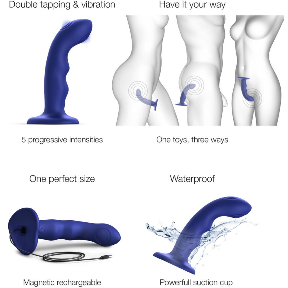 G-Spot Vibrators | Strap-on-Me Tapping Dildo Wave Rechargeable Waterproof Silicone Vibrating Suction Cup Dildo – Night Blue