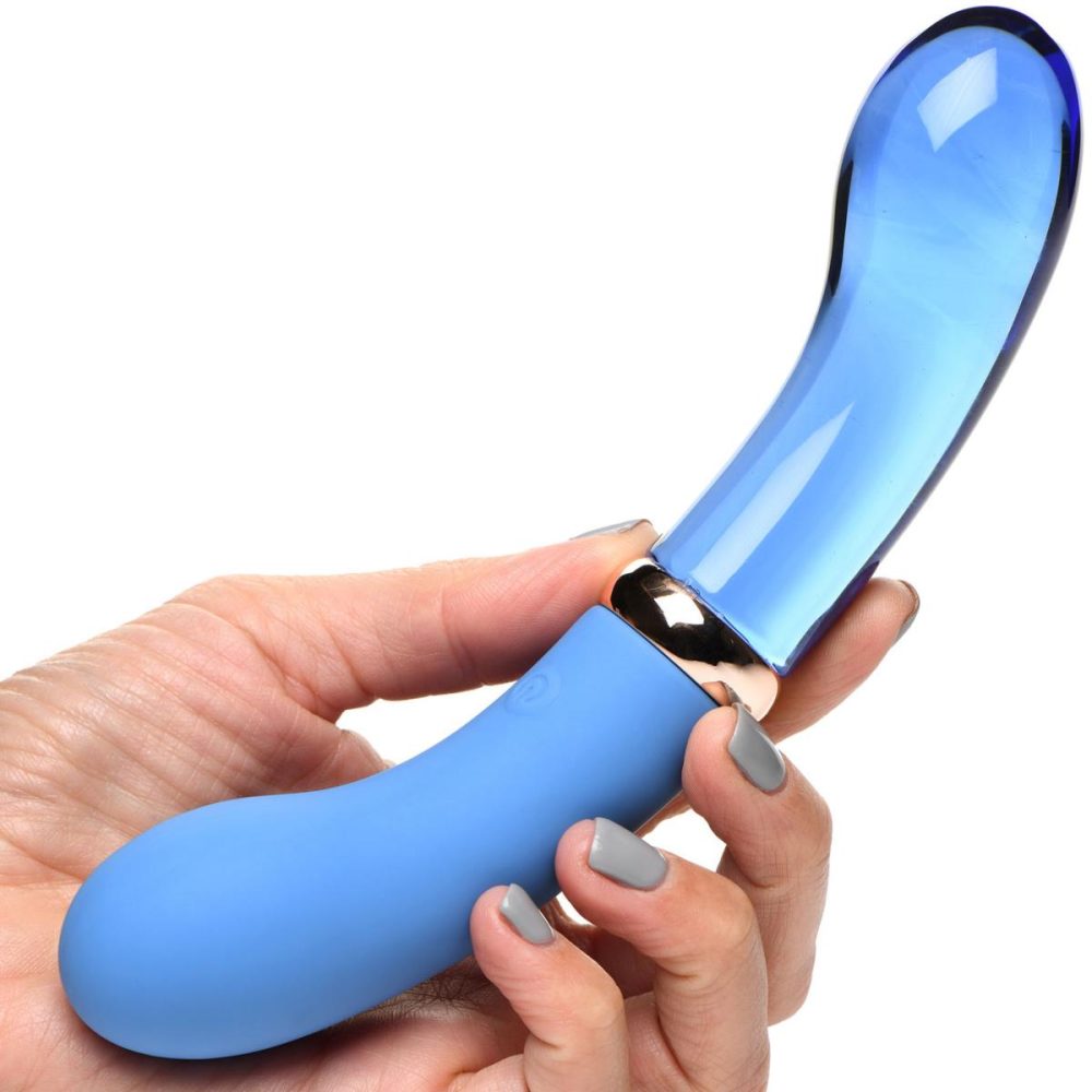 G-Spot Vibrators | Vibra-Glass 10X Bleu Rechargeable Silicone & Glass Dual Ended G-Spot Vibrator – Blue