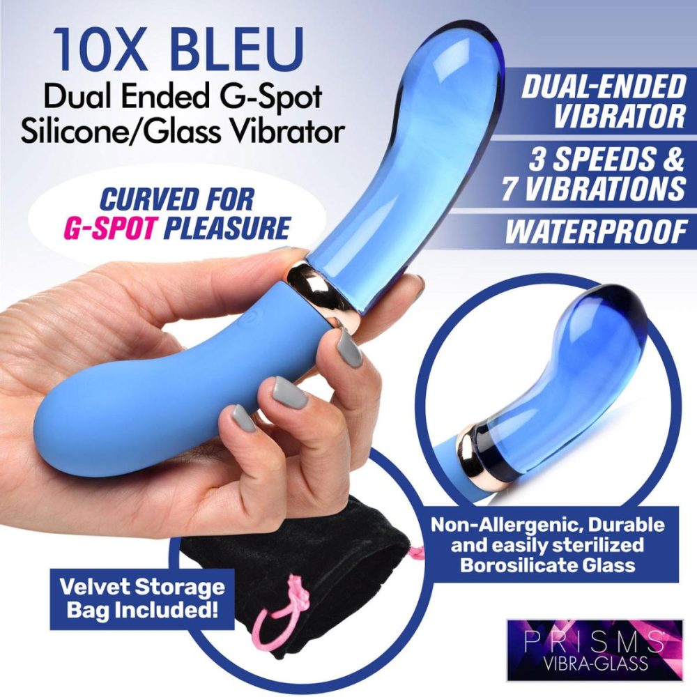 G-Spot Vibrators | Vibra-Glass 10X Bleu Rechargeable Silicone & Glass Dual Ended G-Spot Vibrator – Blue