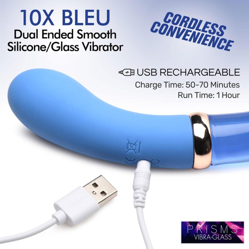 G-Spot Vibrators | Vibra-Glass 10X Bleu Rechargeable Silicone & Glass Dual Ended G-Spot Vibrator – Blue