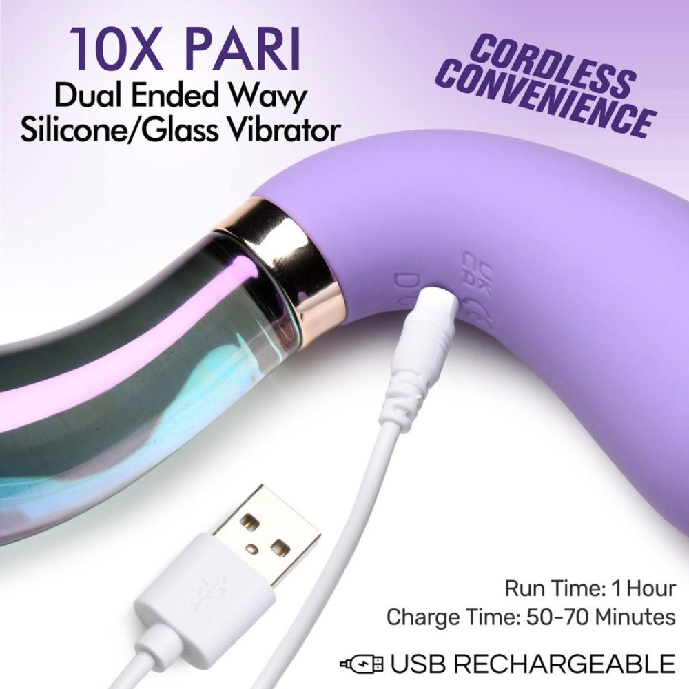 G-Spot Vibrators | Vibra-Glass 10X Pari Rechargeable Silicone & Glass Dual Ended Wavy G-Spot Vibrator – Purple