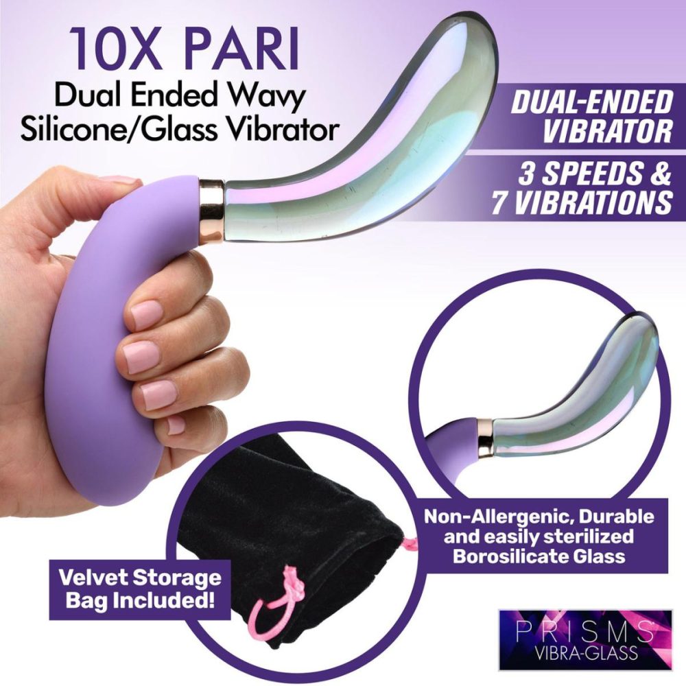 G-Spot Vibrators | Vibra-Glass 10X Pari Rechargeable Silicone & Glass Dual Ended Wavy G-Spot Vibrator – Purple