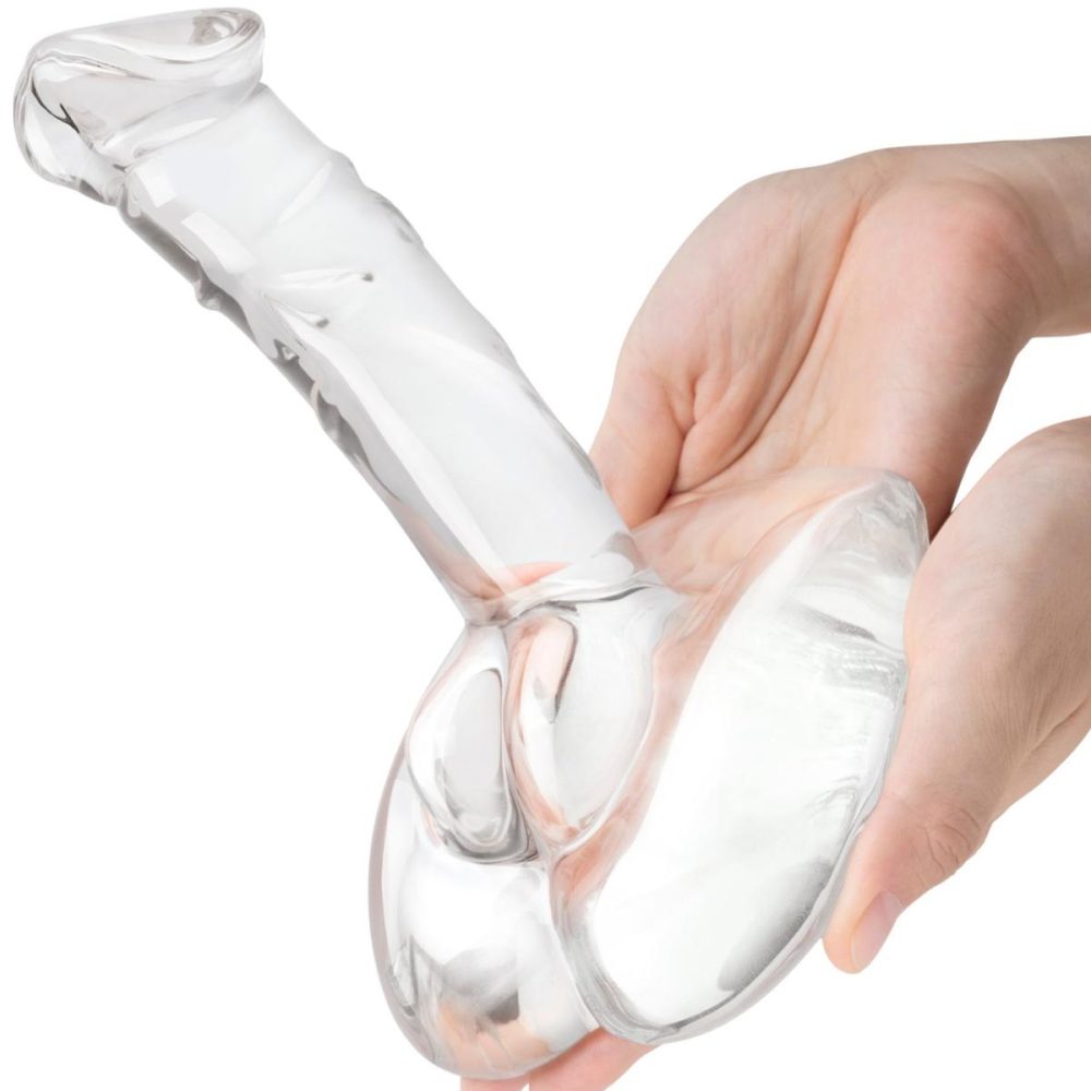 Glass & Ceramic Anal Toys | 7.5" Rideable Standing Glass Cock Dildo With Stability Base & Balls – Clear