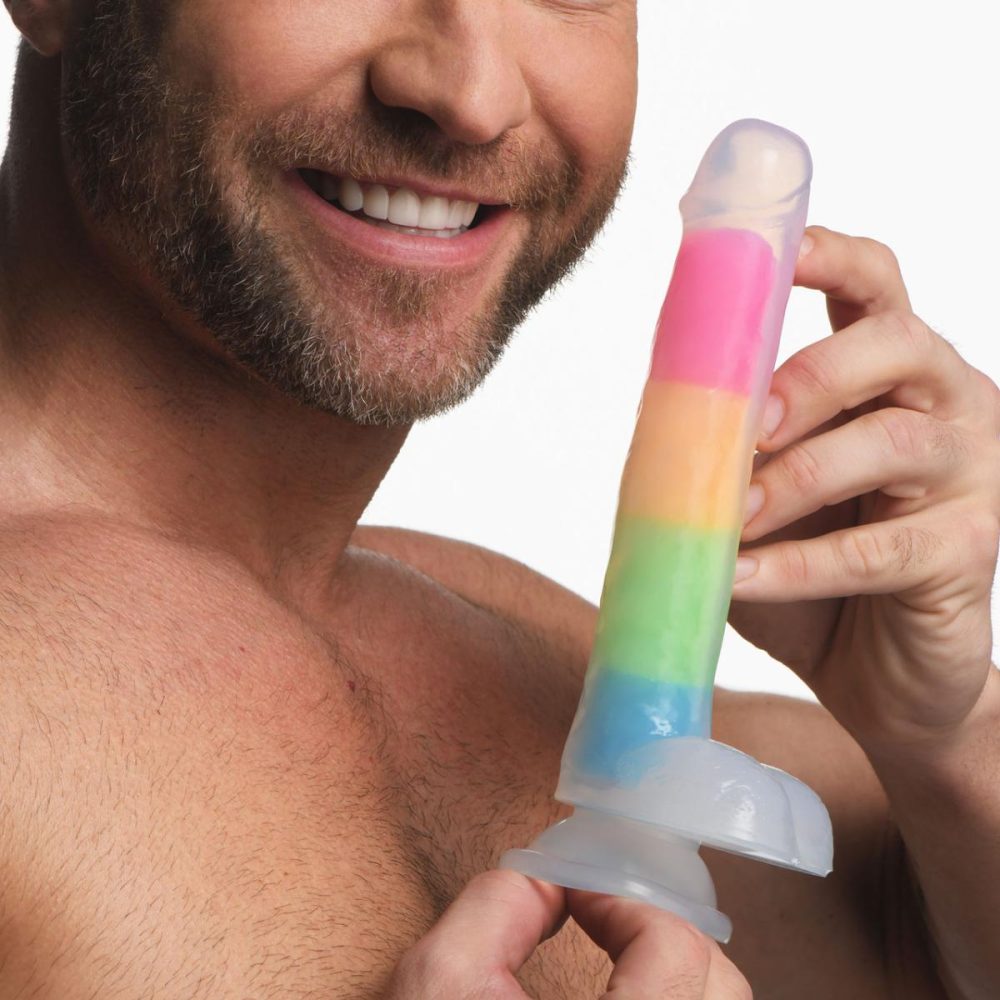 Harness Compatible Dildos | Lollicock Glow In The Dark 8" Silicone Suction Cup Dildo With Balls – Rainbow