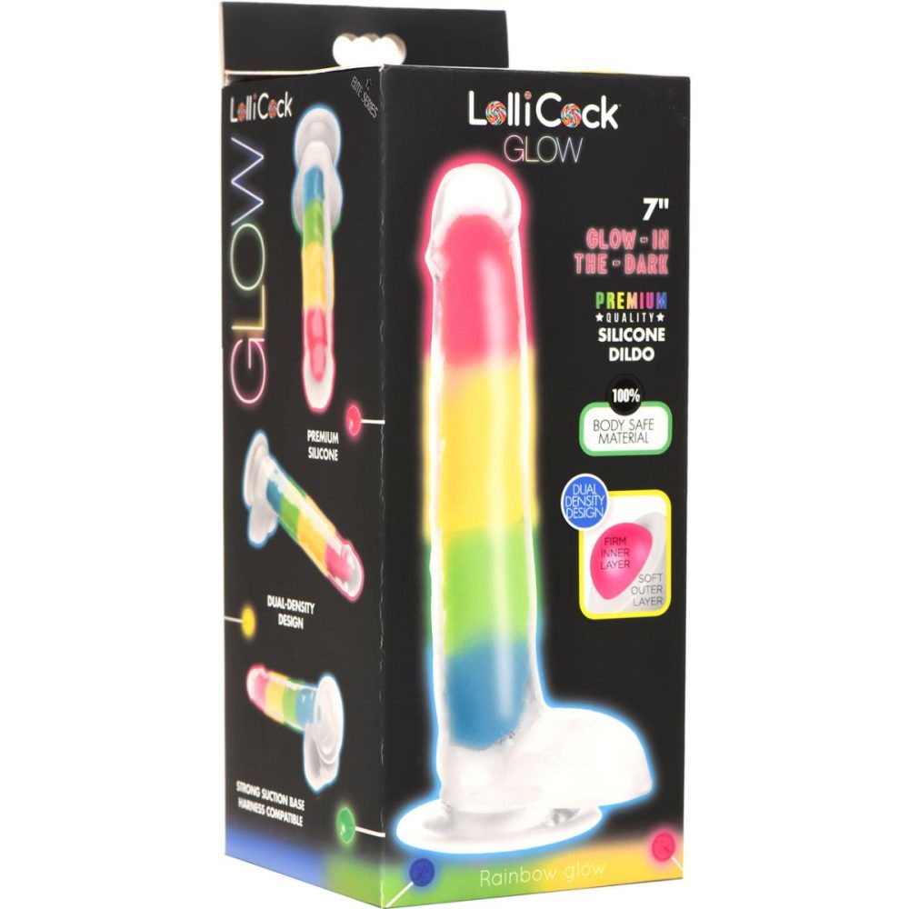 Harness Compatible Dildos | Lollicock Glow In The Dark 8" Silicone Suction Cup Dildo With Balls – Rainbow