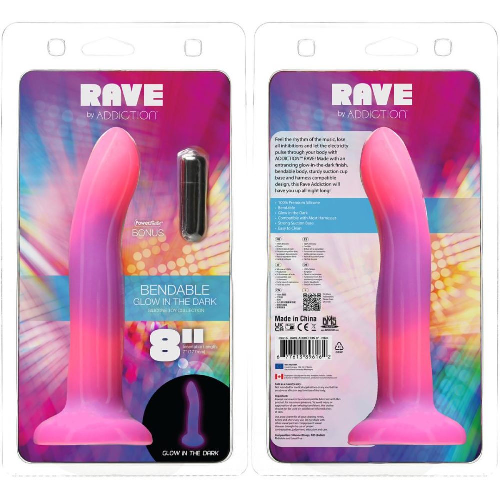 Non-Phallic Dildos | Rave Silicone 8" Glow In The Dark Bendable Suction Cup Dildo – Pink & Purple