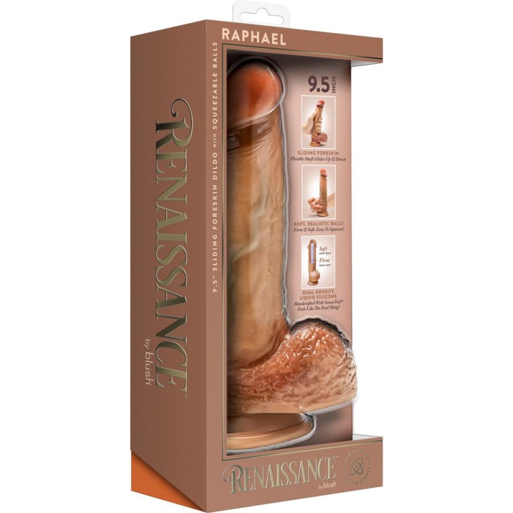 Realistic Dildos | Renaissance Raphael 9.5" Dual Density Sliding Foreskin Suction Cup Dildo With Squeezable Balls – Caramel