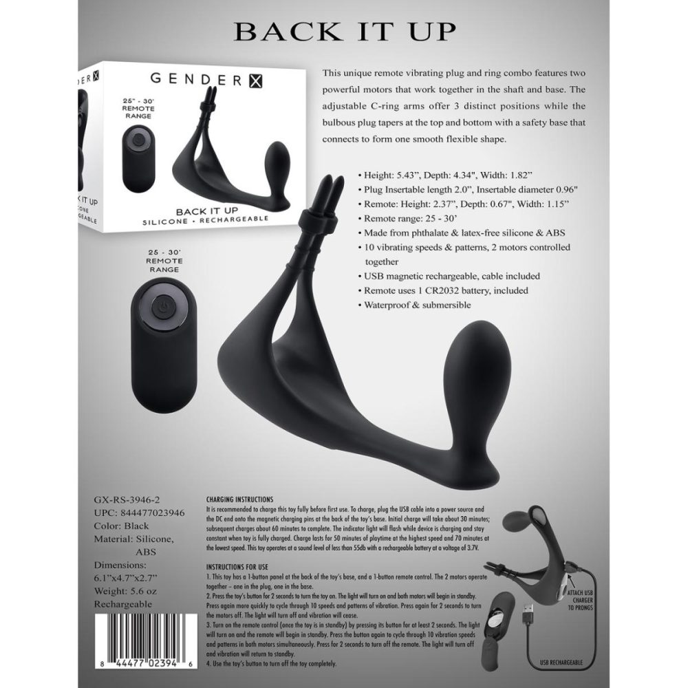 Remote Control Vibrators | Back It Up Rechargeable Waterproof Silicone Vibrating Cock Ring & Anal Plug With Remote