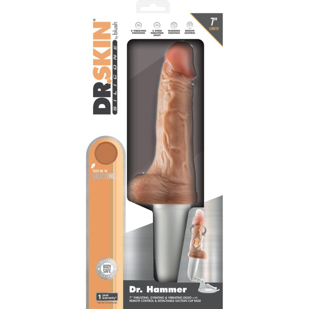 Remote Control Vibrators | Dr. Skin Dr. Hammer 7" Thrusting, Vibrating, Warming Dildo With Suction Cup, Handle & Remote