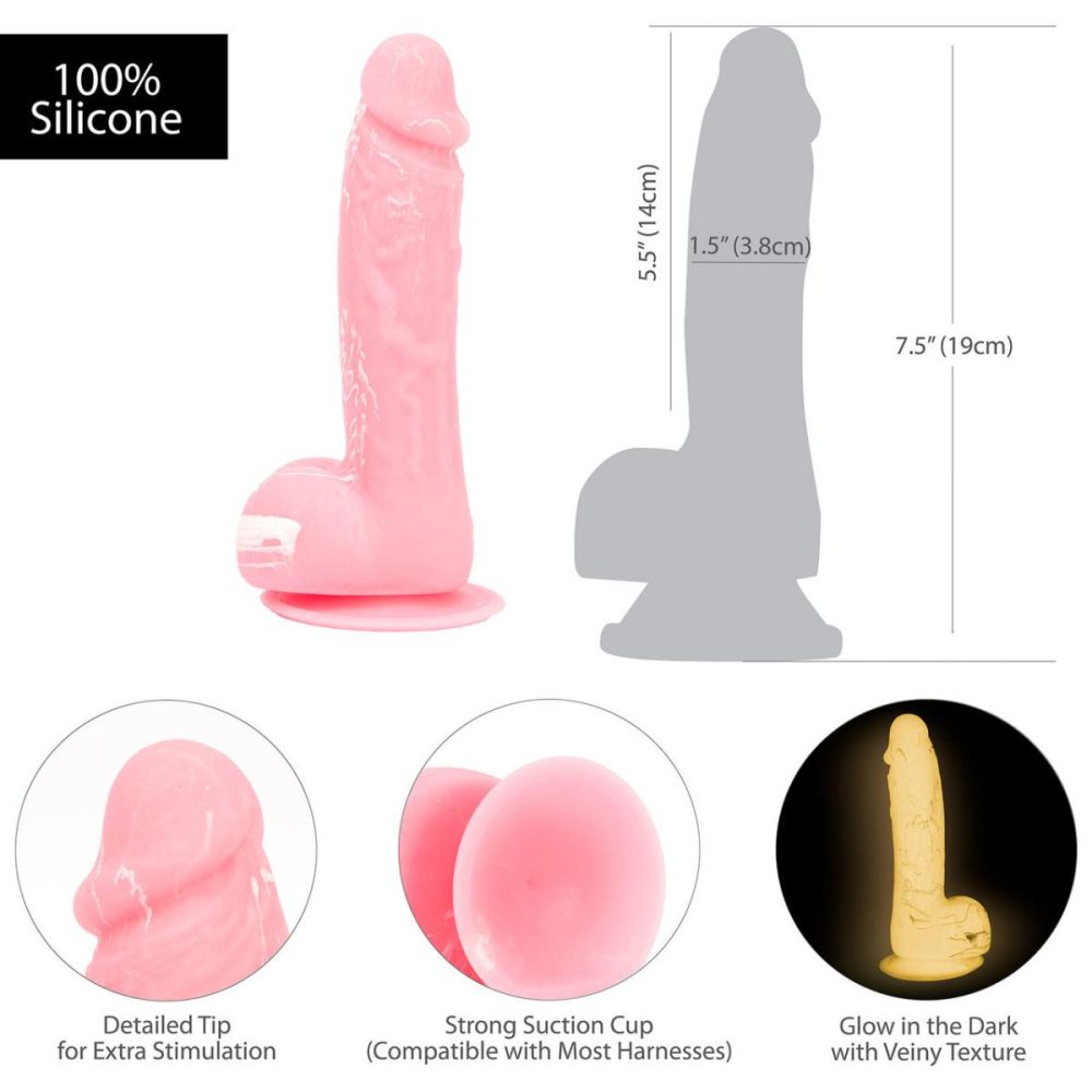 Semi-Realistic Dildos | – Brandon 7.5" Glow In The Dark Silicone Suction Cup Dildo With Balls – Pink