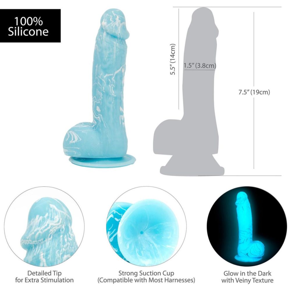 Semi-Realistic Dildos | – Luke 7.5" Glow In The Dark Silicone Suction Cup Dildo With Balls – Blue