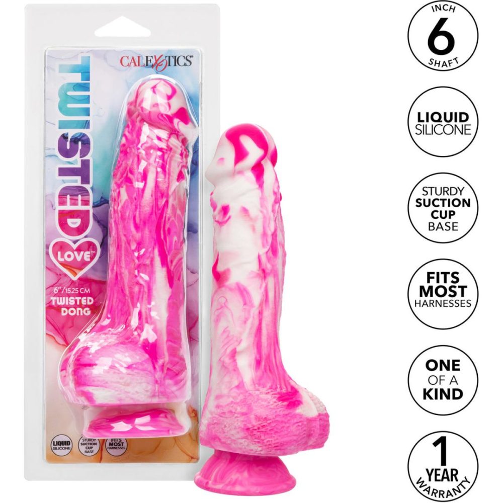 Semi-Realistic Dildos | Twisted Love Twisted Dong 6" Silicone Suction Cup Dildo With Balls – Pink & White