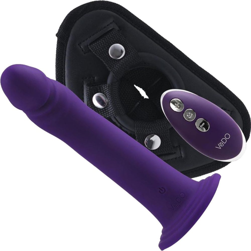 Strap-On Harness Kits | DIKI Silicone Rechargeable Vibrating Strap On kit With Harness & Remote VeDO – Deep Purple