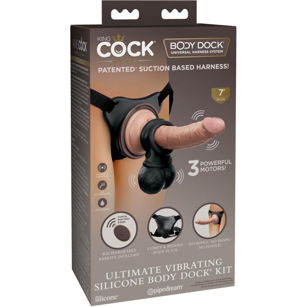 Strap-On Harness Kits | King Cock Elite Ultimate Vibrating Body Dock Strap-On Kit With Swinging Crown Jewels & Silicone 7 Inch Dildo – Vanilla